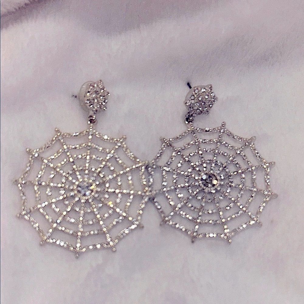 Elegant Silver Spider Web Sparkly Rhinestone Earrings Halloween